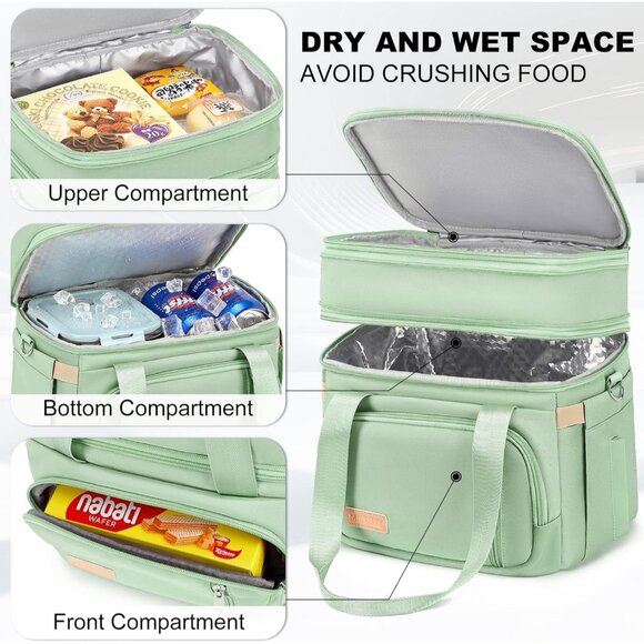 Double Deck Insulated Lunch Box for Men & Women, Leakproof Tote Cooler (Green) - Picture 3 of 7